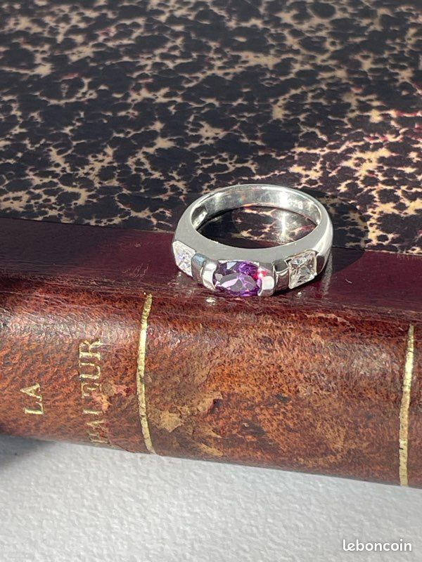 Bague Argent 925 Avec Améthyste Et Zirconium – Taille 52, Occasion