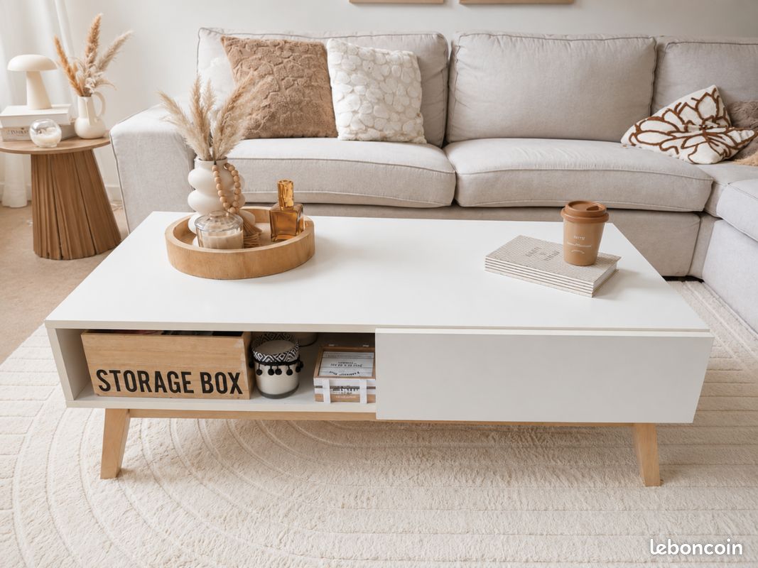 Table basse style scandinave blanc et bois – Très bon état (image 1)