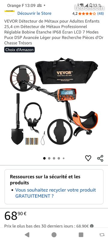 Détecteur De Métaux Professionnel VEVOR - Bobine étanche IP68 25,4 Cm - Pour Adultes
