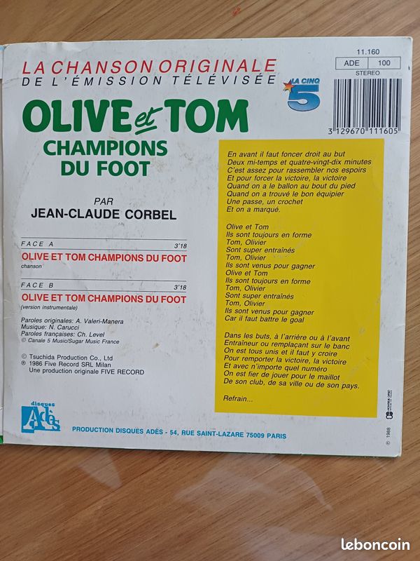 45 tours vinyle : Olive et Tom, Champions du foot (image 2)