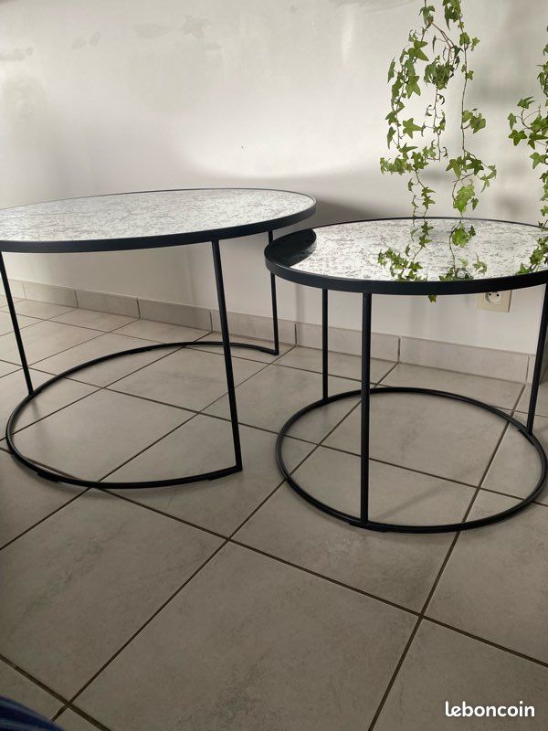 FineBuy Tables Gigognes Rond 50/42 Cm Deux Pièces Verre De Miroir Noir Table De Salon Conception Moderne Table De Salon Avec Cadre En Metal Table Fleurs Decoratif