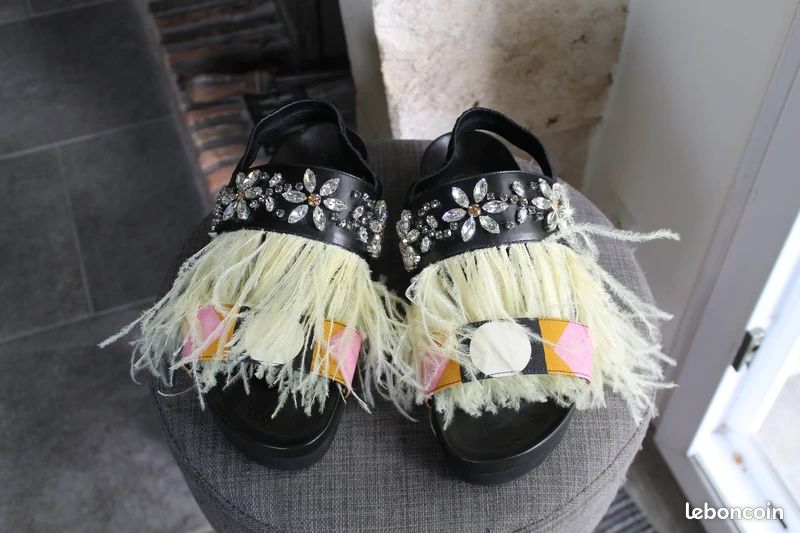 Sandales La Double J Fabrizio Vitti Strass Et Plumes - Taille 37/38, Beige, Neuves Sans Boîte
