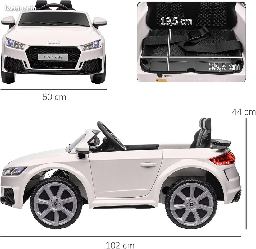 HOMCOM Voiture électrique Enfant véhicule électrique Enfant Audi TT RS 12 V 30 W V. Max. 3 Km/h télécommande 2,4G Effets sonores + Lumineux Blanc (image 2)