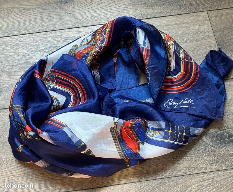 Foulard Carré Vintage En Soie 100% - 75x75 Cm - Orange Et Vert - Occasion Très Bon état