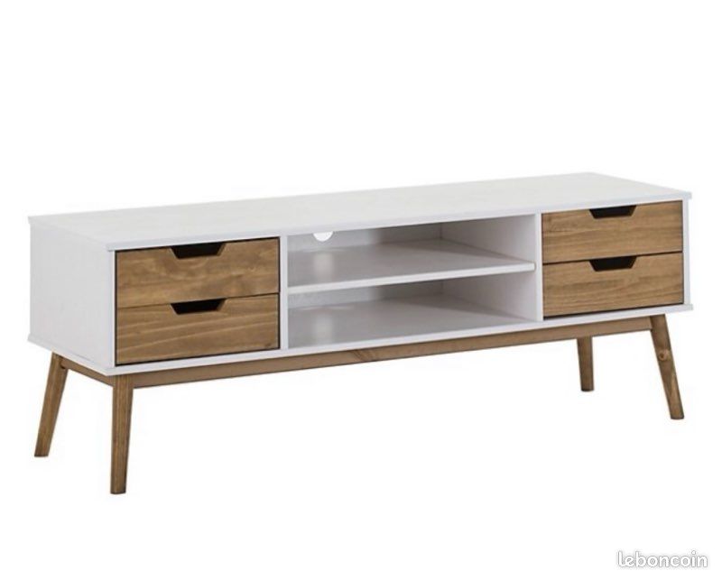 Meuble TV 4 tiroirs et 2 étagères blanc et bois (image 2)