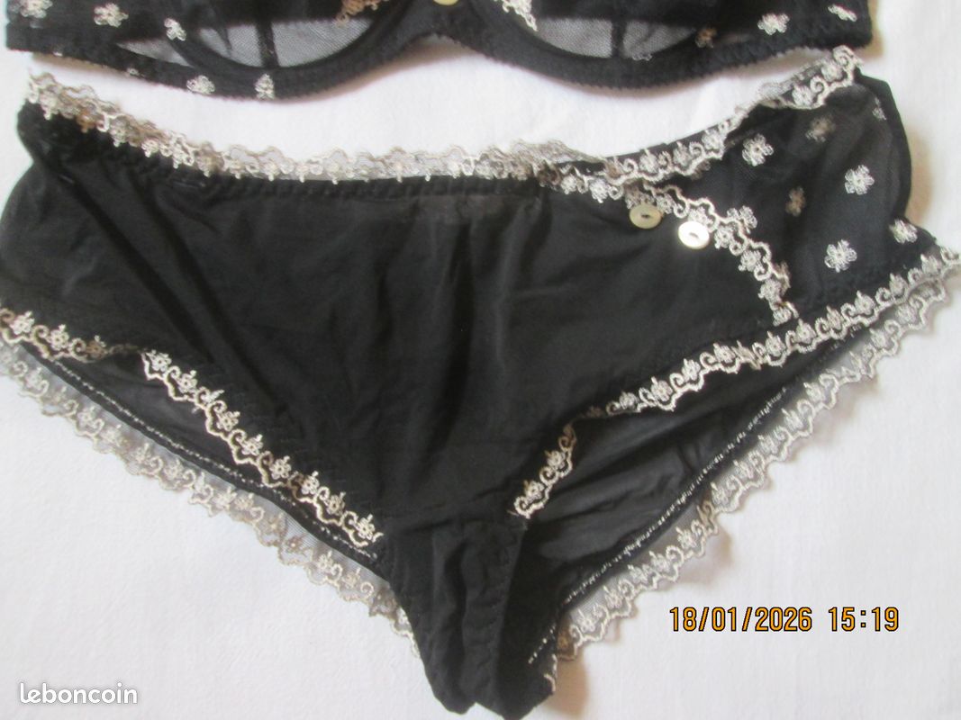 Ensemble Lingerie Dentelle Noire Et Beige – Soutien-gorge 90B Balconnet Avec Armature, Culotte, Neuf Avec étiquettes