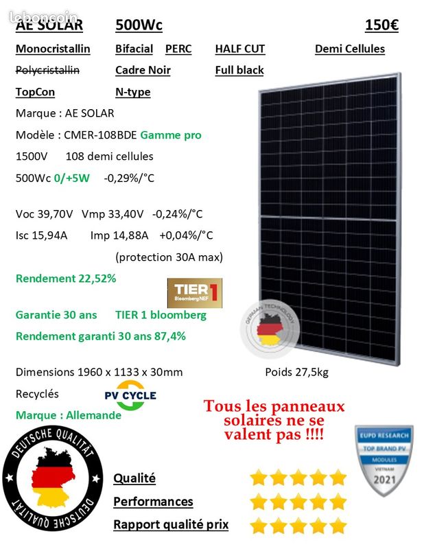 Kit 6kWc solaire photovoltaïque NEUF - Onduleur N°1 mondial + 12 panneaux Allemands 500Wc bifaciaux (image 2)