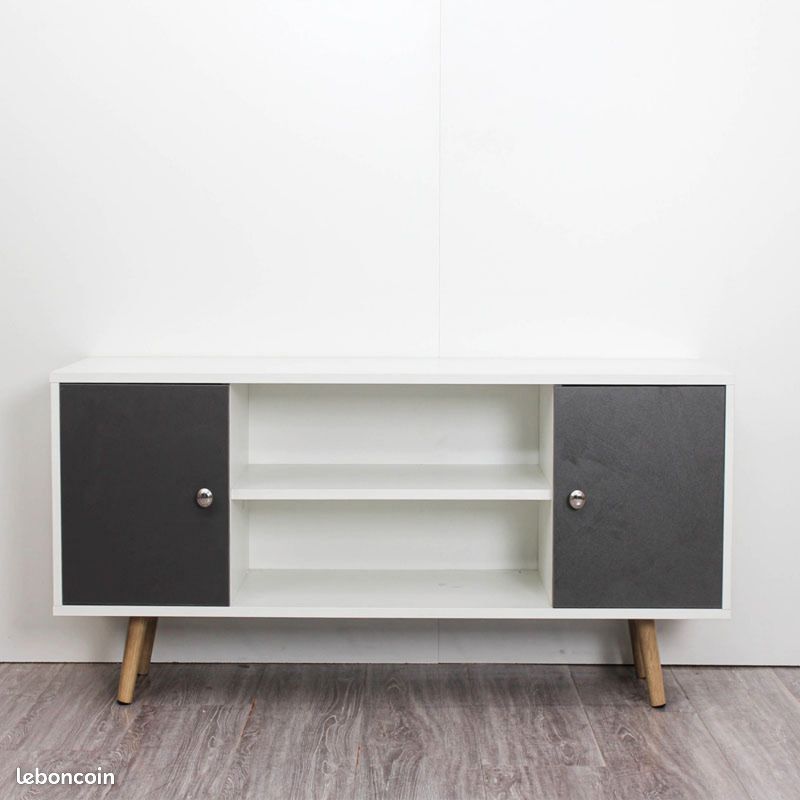 TV et Meuble TV scandinave pieds en bois gris foncé et blanc (image 4)
