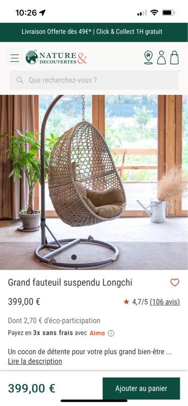 Grand fauteuil suspendu Longchi