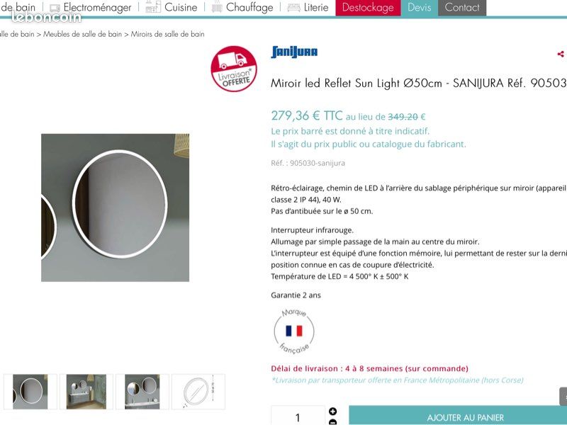 Miroir Reflet Sun Light avec éclairage de 50 cm Sanijura (image 1)