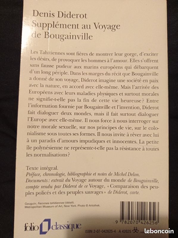 Livre de DIDEROT " Supplément au voyage de Bougainville" Folio classique 2006. Faire Offre (image 2)