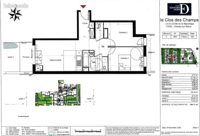 Appartement a louer champs-sur-marne - 3 pièce(s) - 59 m2 - Surfyn