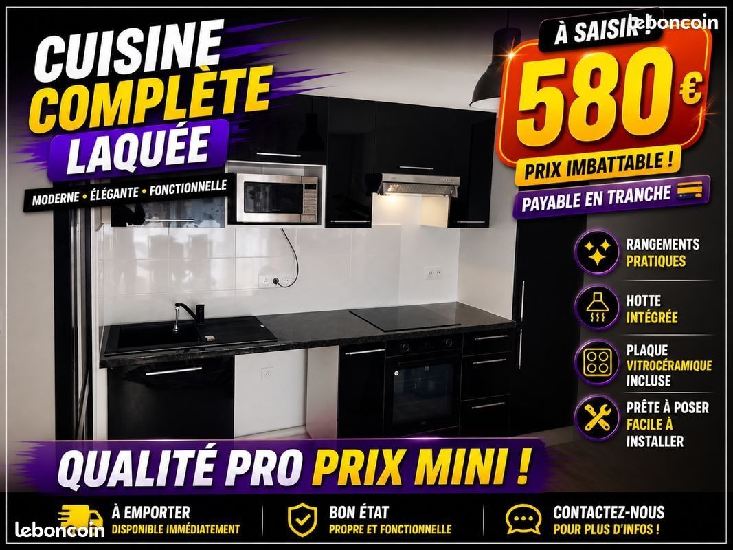 Cuisine brillante noir d’angle personnalisable⁫⁢‍⁫‍⁠⁮‌⁭‍‌⁬⁭⁪​ (image 1)