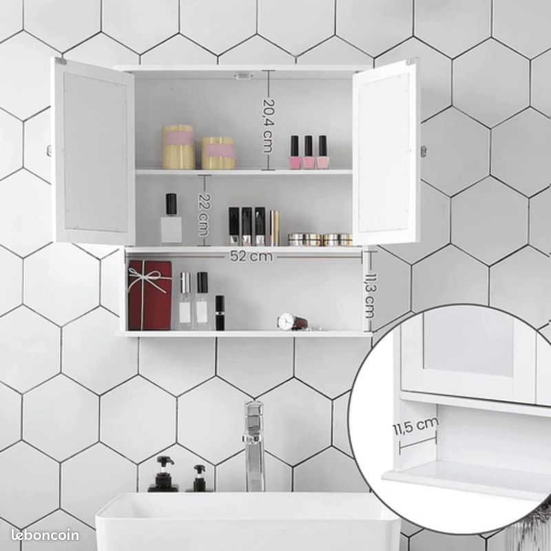 Armoire Murale Salle de Bain Placard de Rangement Toilettes avec 2 Portes et Miroirs 3 Niveaux É (image 2)