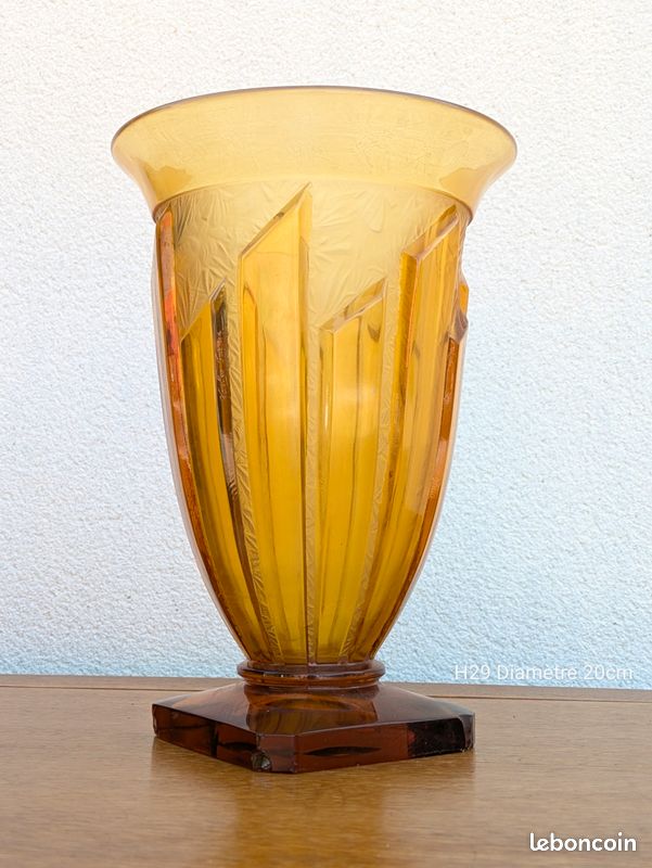 Ancien Vase En Verre Moucheté Jaune Et Orange - Style Art Déco - Objet Déco Vintage