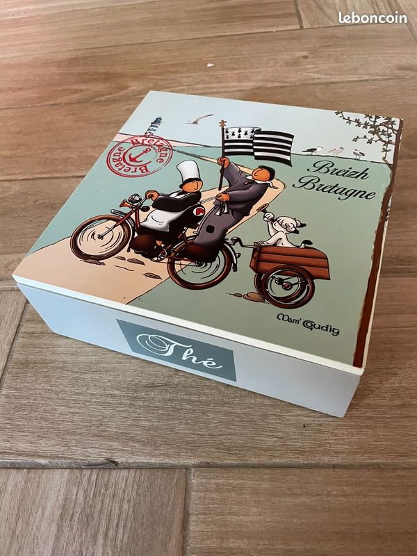 Boîte à thé Bretagne en bois – 6 compartiments – Décor breton (image 1)