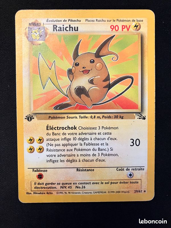 Carte Pokmon Raichu Rare 29/62 dition 1 Fossile FR tat Moyen - Collection Carte Pokmon Raichu Rare 29/62 dition 1 Fossile FR tat Moyen - Collection