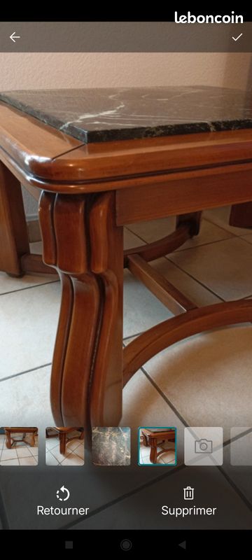 Vintage table de salon en marbre vert veiné blanc bois exotique (image 4)