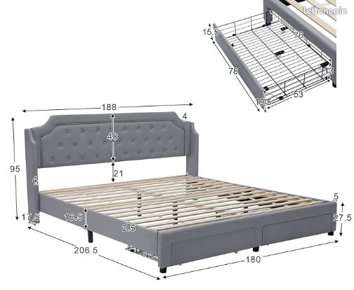 Lit Double 140x200 Cm Avec Tête De Lit Réglable Et Tiroirs - LED Intégrée, Structure En Lin Et Fer - Matelas Non Inclus
