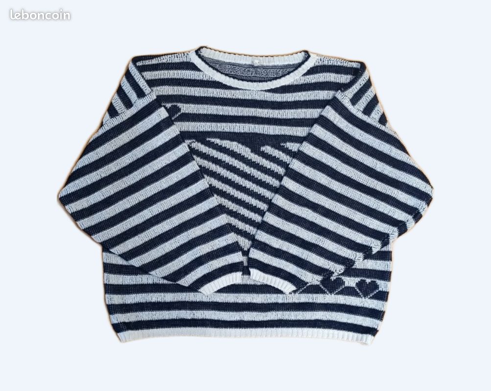 Pull Rayé Vintage Gris Chiné - Mix Noir, Crème, Bleu Marine, Très Bon état