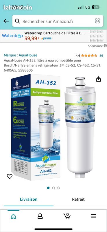 Filtre à eau réfrigérateur AH352 Aquahouse (image 1)