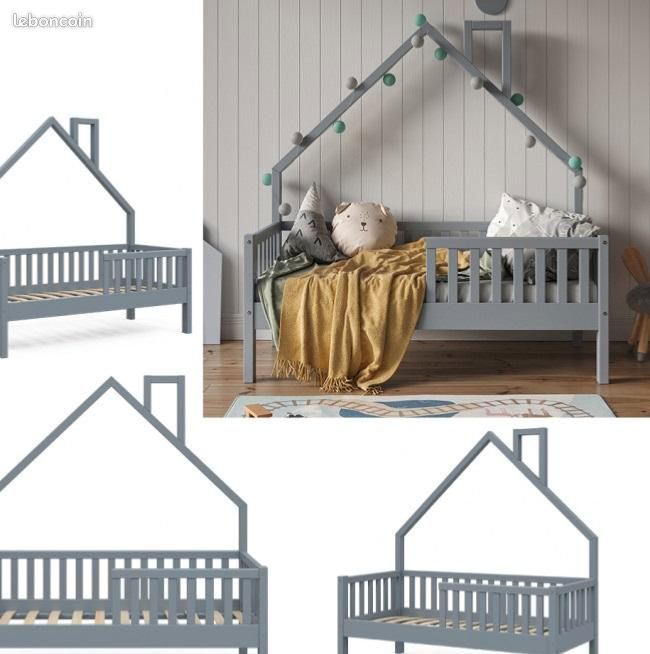 Lit montessori lit enfant 70x140 cm gris lit cabane lit maison en pin massif avec sommier à lattes (image 1)