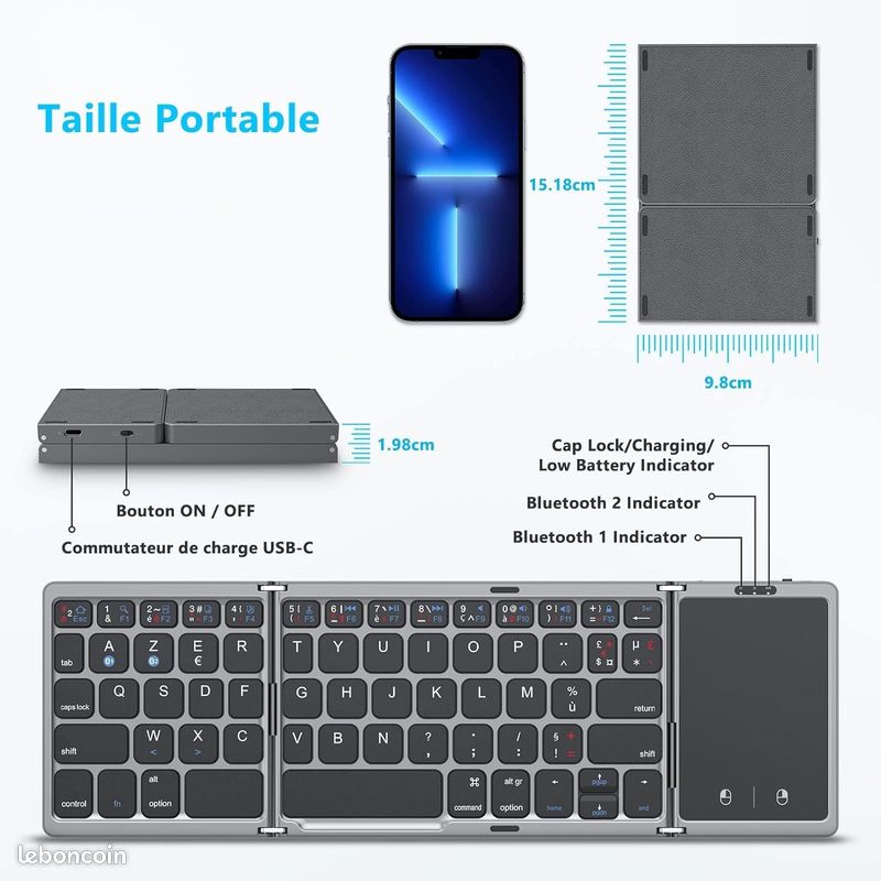 Clavier sans Fil avec pavé Tactile Sensible, Rechargeable, Portable et Pliable, Clavier Dual Bluetooth pour Ordinateur Portable/Tablette/iPad/Smart TV -Compatible Windows, iOS, Mac OS, Android - Gris (image 4)
