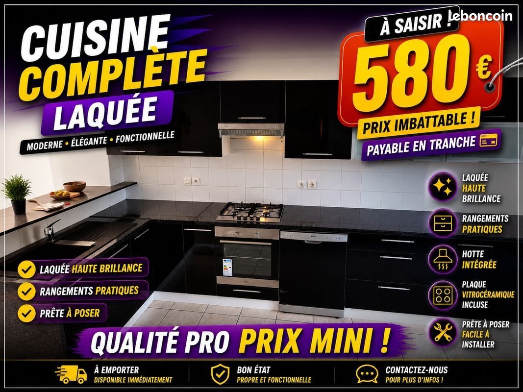 Cuisine laqué brillant noir de luxe en destockage⁠⁭⁭‍‌⁪⁯⁭⁫⁯⁫⁯⁮⁠⁠ (image 1)