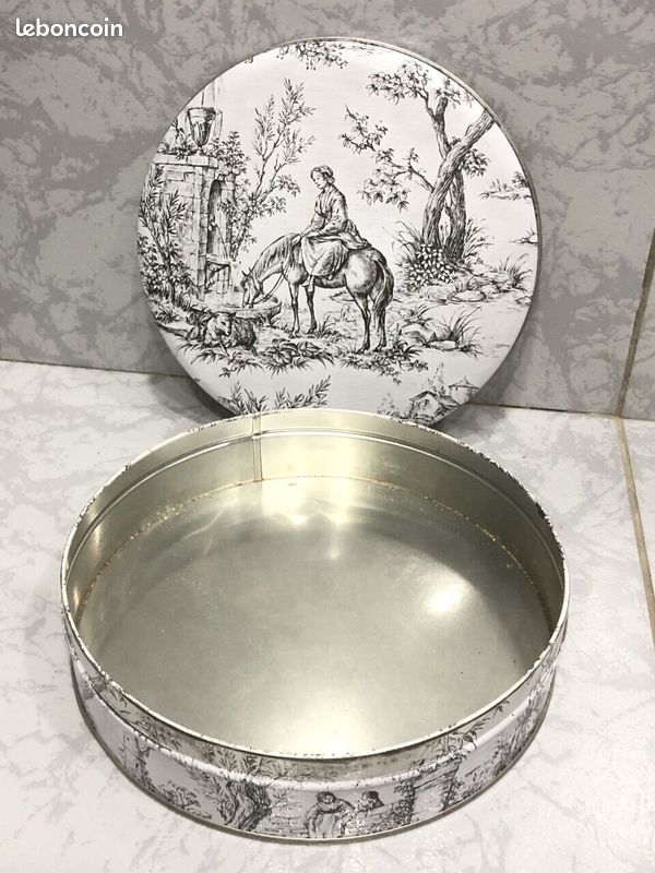 Boîte à Pain Métal Vintage - Toile De Jouy - France - Dimensions 45,5x27x18,5cm