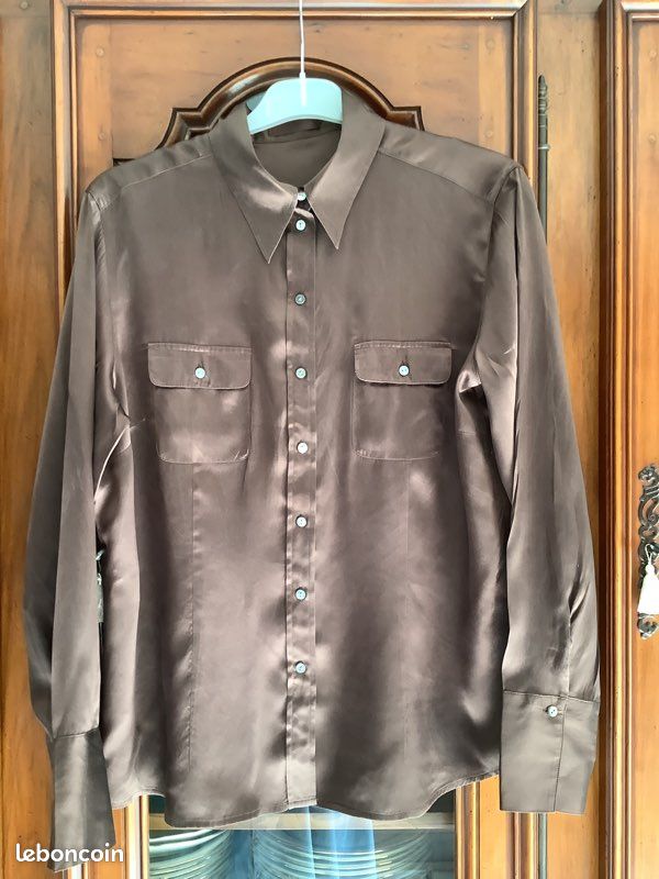 Chemisier DEVERNOIS 100% Soie - Col Lavallière - Taille 42/44 Beige/Gris - Occasion Très Bon état