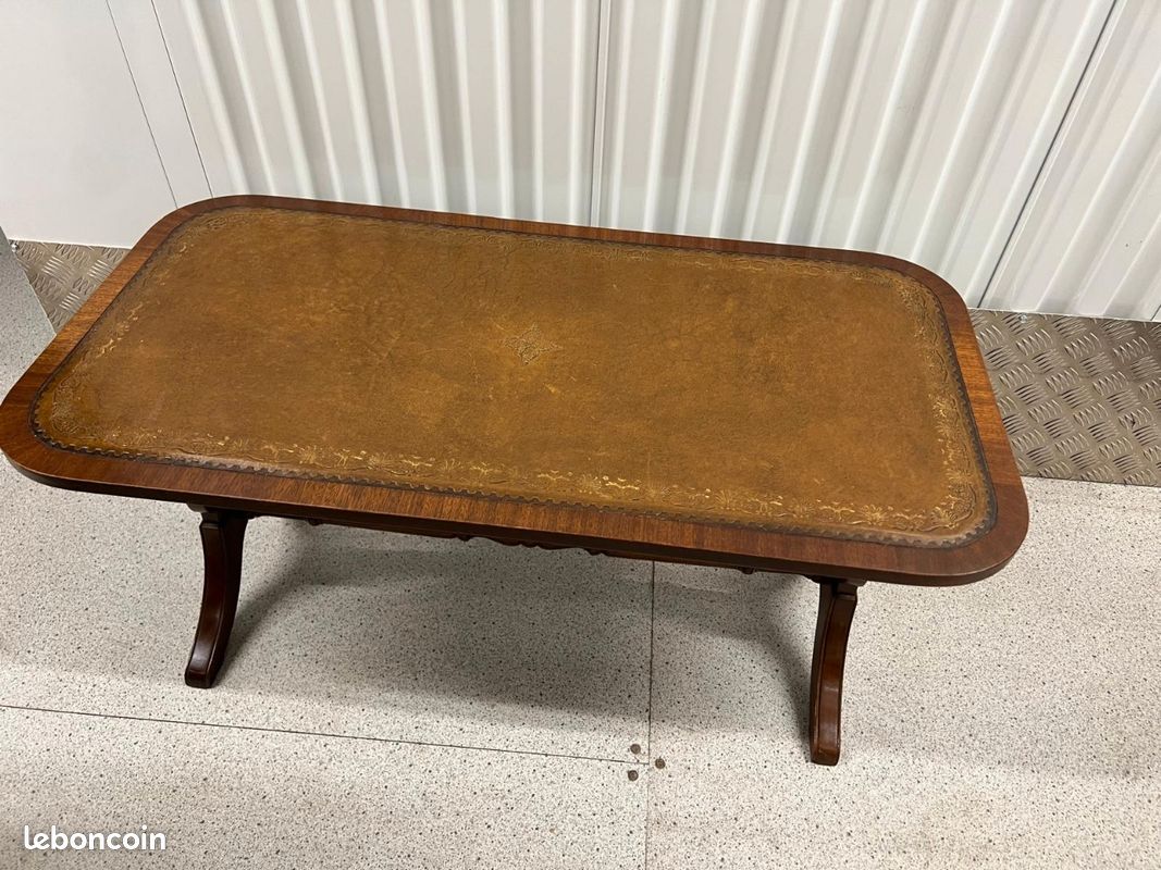 Table basse déco vintage bois et cuir (image 1)