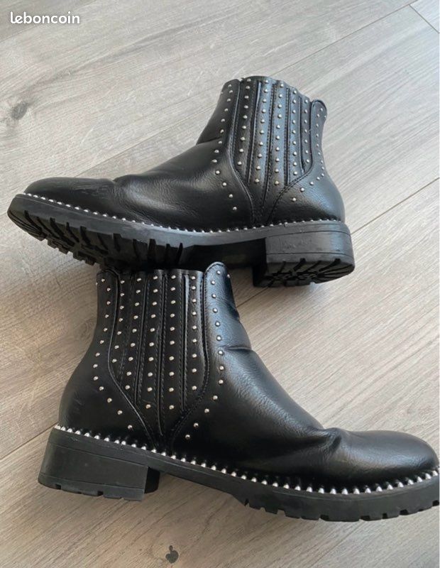 Chaussea Bottines Femme Bottines En Cuir CloutÃ©es Boots Effet