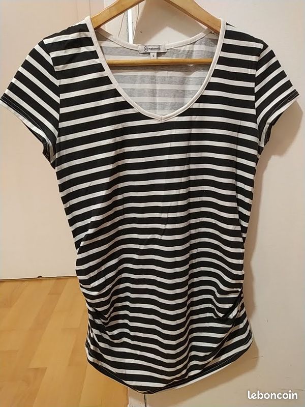 T-shirt stretch grossesse (38 - M) (rayé noir & blanc) (image 1)