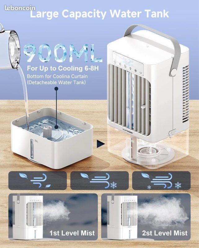 Mini Climatiseur Portable 4-en-1 – Rafraîchisseur D'Air Silencieux 900 Ml, Brumisation, 3 Vitesses, USB Rechargeable Pour Chambre, Bureau Ou Camping