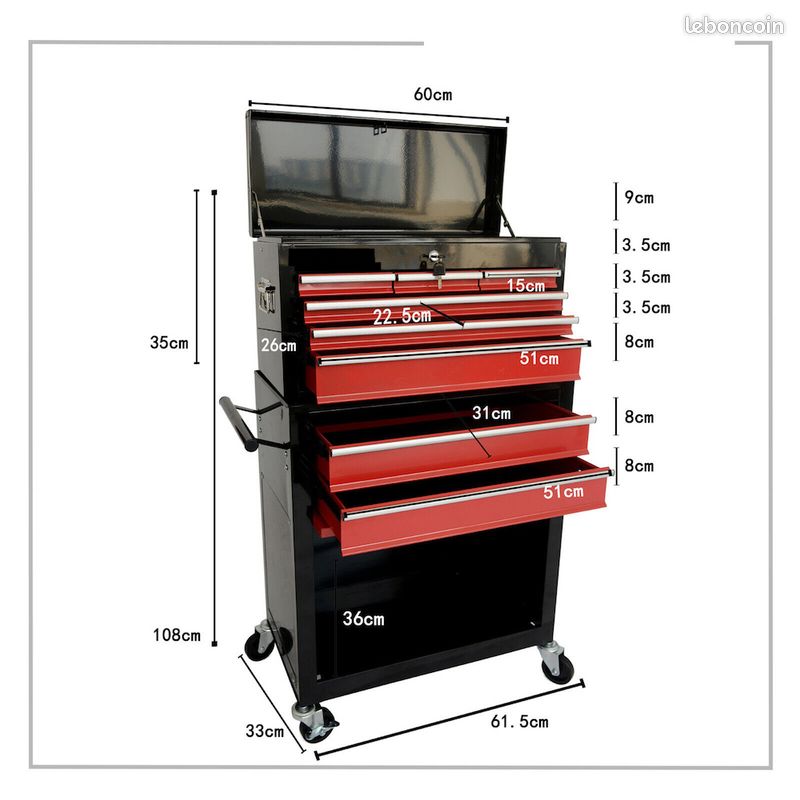 Servante d'atelier à 9 tiroirs Tapis antidérapants - Noir-Rouge - Livraison gratuite en Europe ⭐ ⭐ ⭐ (image 3)