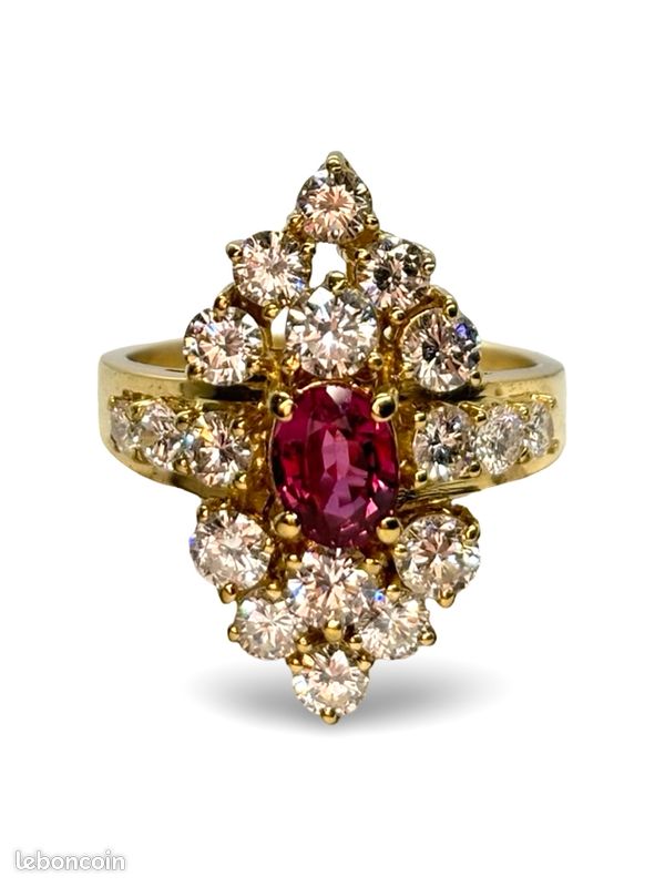 Bague ancienne or jaune 18K rubis 1 ct et diamants 1,50 ct (image 1)