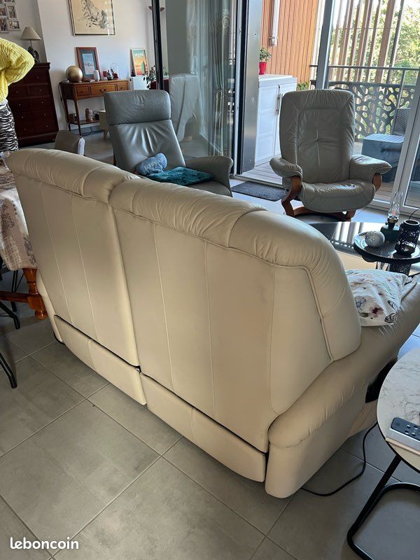 Ensemble Canapé + Fauteuil Relax Mécanique – Cuir Beige Clair – 2 Pièces – Occasion
