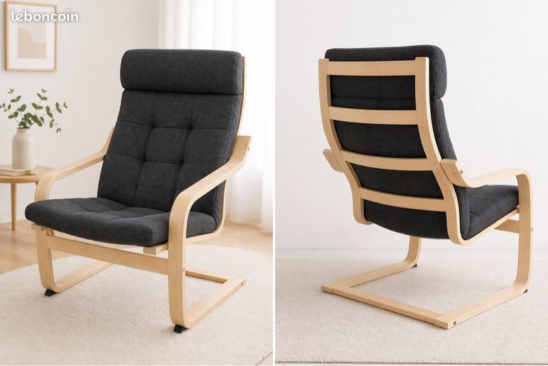 Fauteuil (IKEA de la marque POÄNG) confortable en bois clair avec coussin gris (image 1)