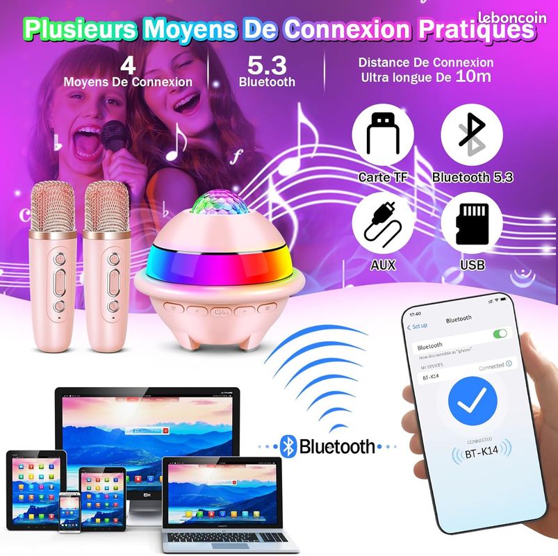 Karaoké Enfants Bluetooth Lumière LED - 2 Microphones Sans Fil - Haut-parleur Portable Noir