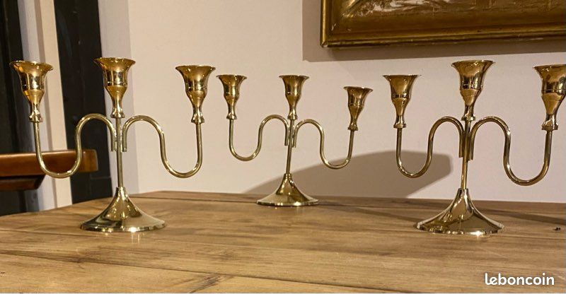 Lot De 3 Bougeoirs Chandeliers Vintage En Laiton Doré - Hauteur 20 Cm
