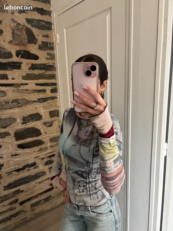 Top mesh Cop Copine manches longues multicolore y2k imprimé graphique vintage | Taille S (image 3)