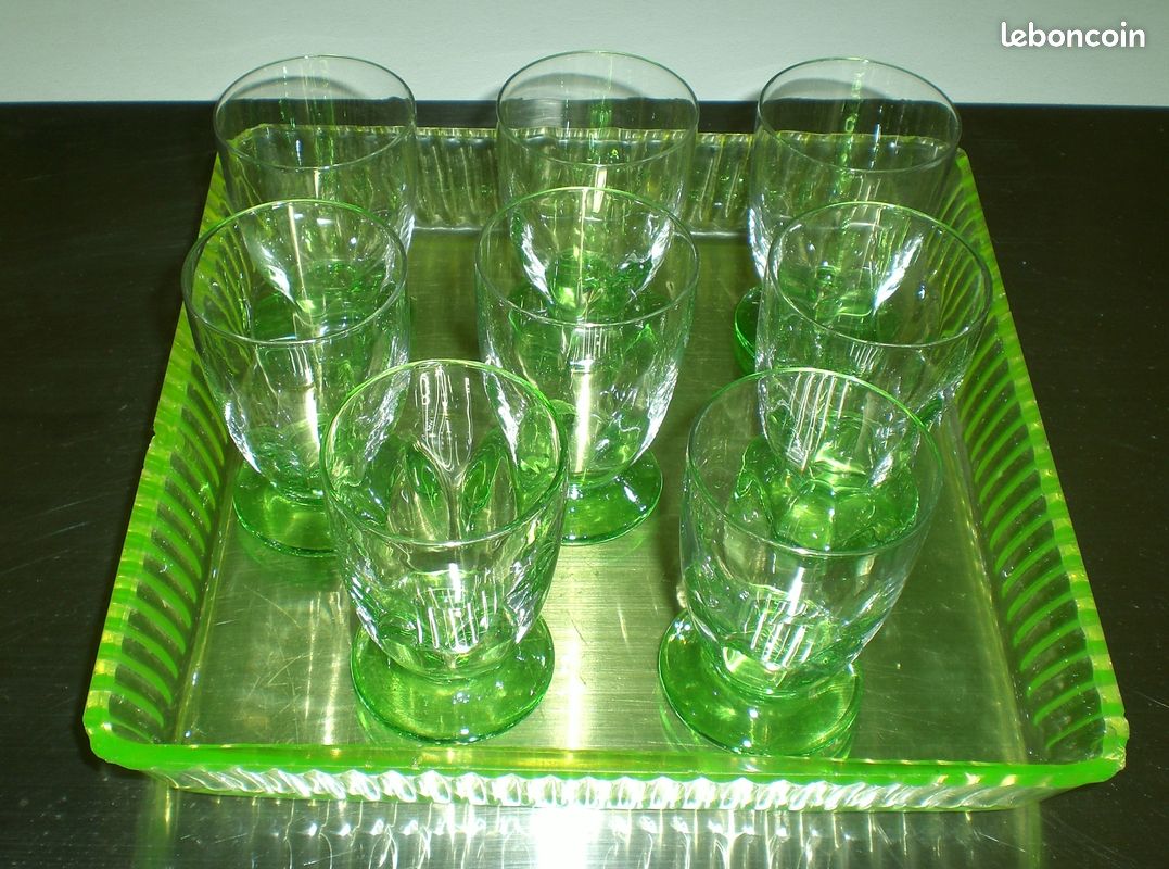 Boutons De Porte Art Déco - Verre Vert Ouraline Et Virole Laiton - Occasion