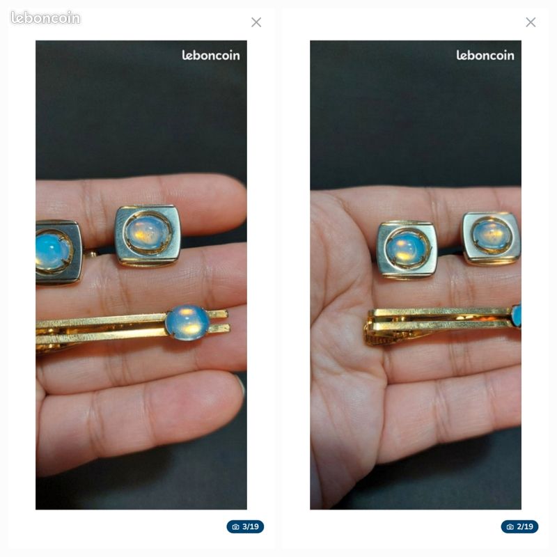 Ensemble Boutons De Manchette Et Clous De Cravate Or 14k Pierre De Lune - Années 90, Comme Neuf Dans Sa Boîte