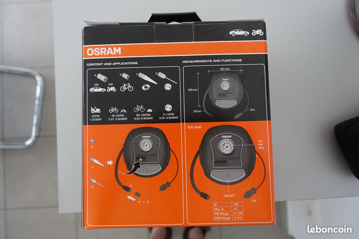 Gonfleur Pneus OSRAM TYREinflate 200 - 12V Allume-Cigare - Gonflage 4,5 Min - Pression Bar/PSI