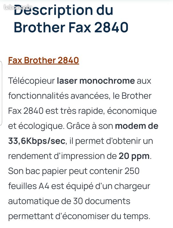 Fax imprimante copieur scanner multifonction / brother fax-2840 (image 3)