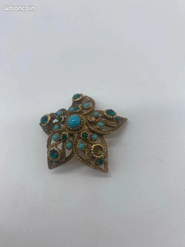 Broche Vintage Métal Doré Avec Perle Turquoise, Fantaisie