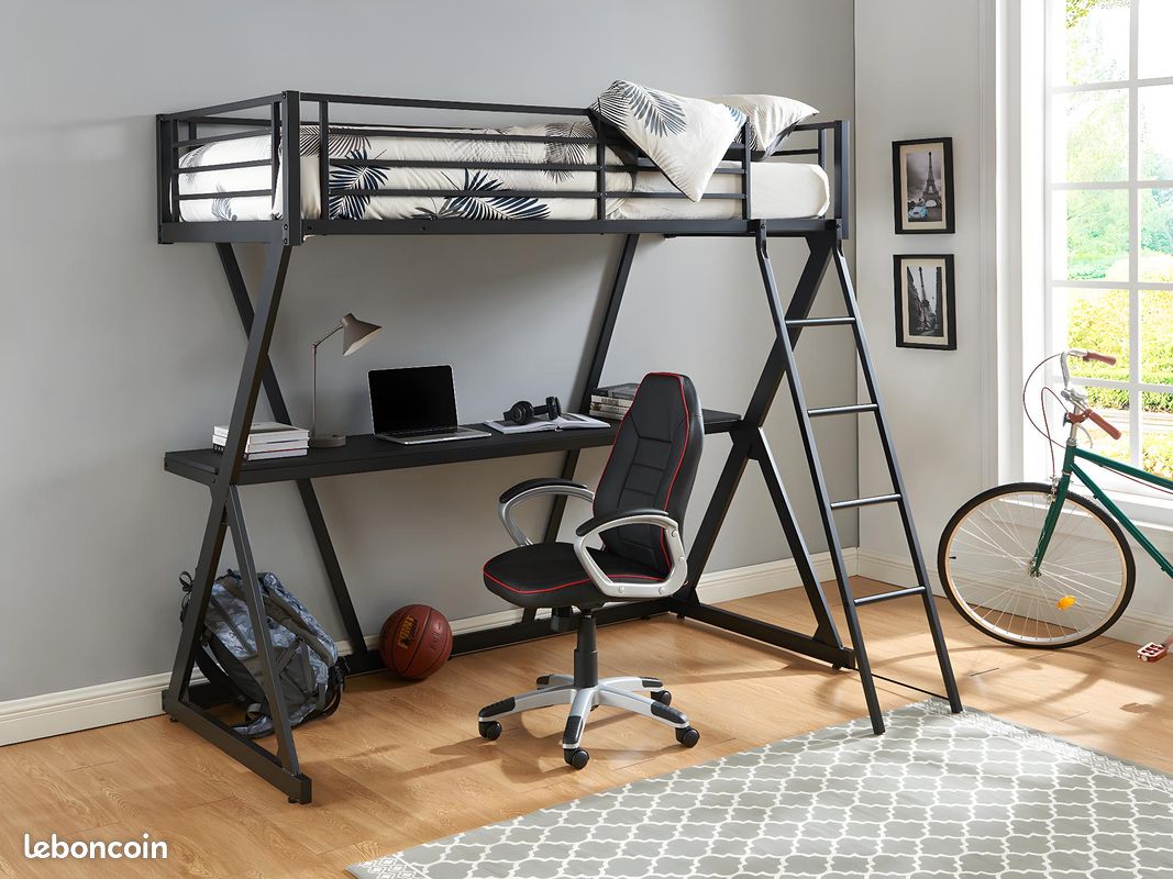 Lit mezzanine 90 x 190 cm - Avec bureau - Métal - Noir - FLY (image 2)