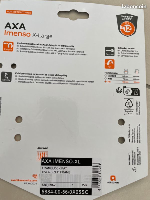 Cadenas Vélo Hollandais AXA Imenso Large Rétractable Antivol Vélo - Cadenas Niveau Sécurité 12 - 75 Mm Cadenas Vélo Hollandais AXA Imenso Large Rétractable Antivol Vélo - Cadenas Niveau Sécurité 12 - 75 Mm
