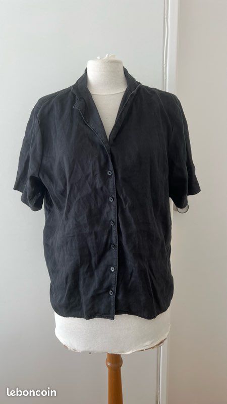 Chemise noire en lin Monoprix – vintage – manches courtes – Taille
