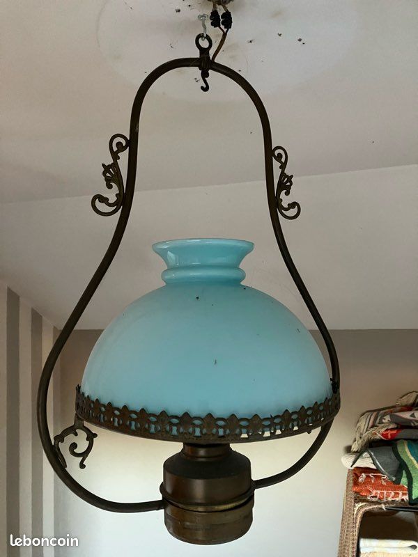 Ancienne Pince Abat-jour Art Déco En Verre Bleu Et Clair, MCM Français